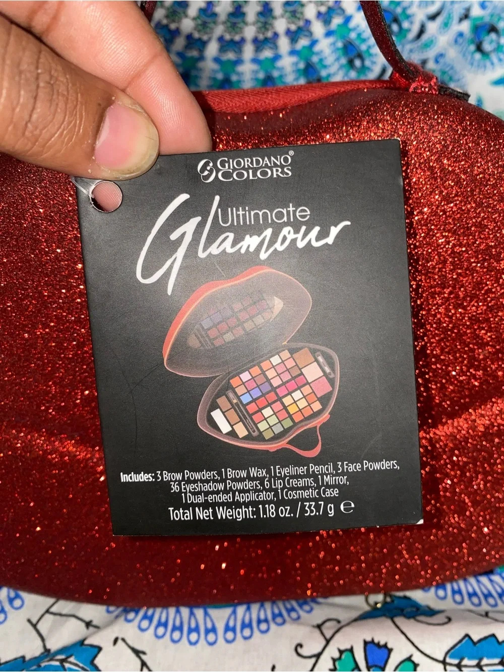Red Glitter Lip Cosmetics Bag With A Top-Handle Makeup Included